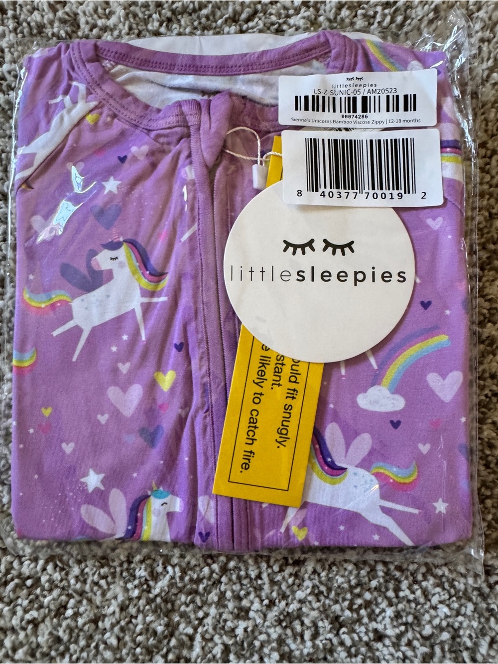 Little Sleepies Lavender Unicorn Zippered Kids Pajamas